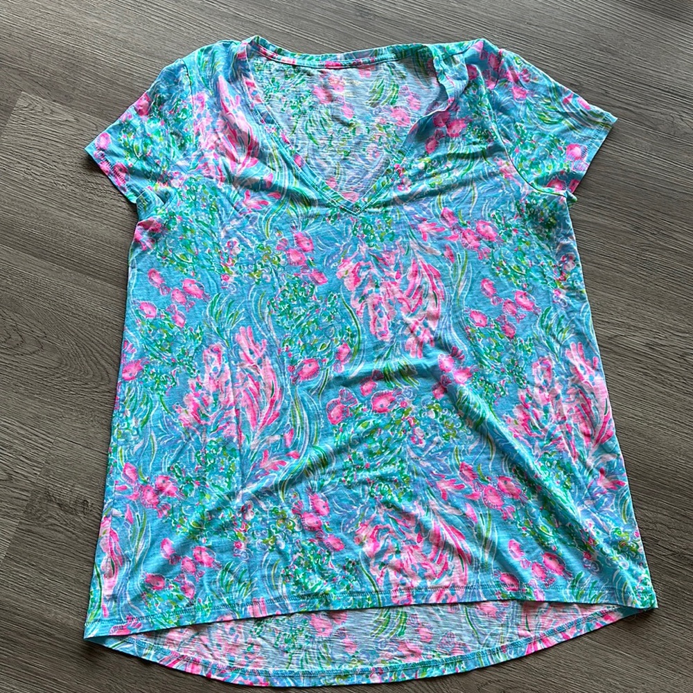 Lilly Pulitzer Turquoise Floral V-Neck Tee with Pink & Green Print